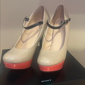 Beige and Coral Heels with Black Strap
